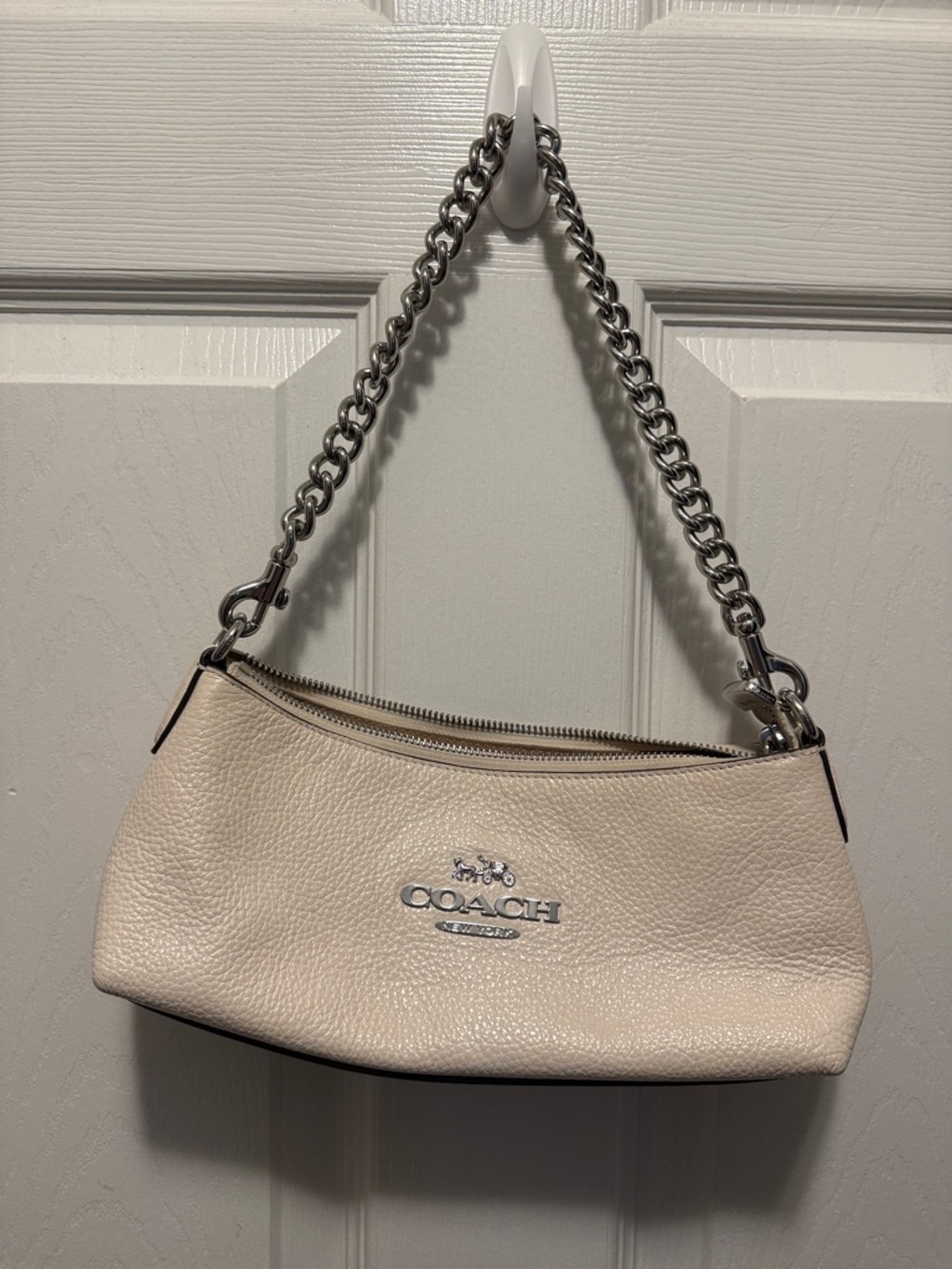 Coach Cream Pebbled Leather Mini Shoulder Bag with Silver Chain Strap Y2K Style